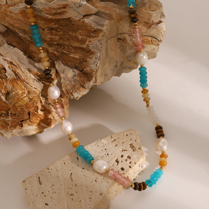 Colorful beaded pearl clavicle necklace, natural stone retro design necklace