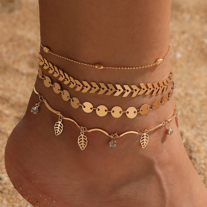 Leaf and Rhinestone Four-Layer Anklet with Geometric Multi-Layer Chain