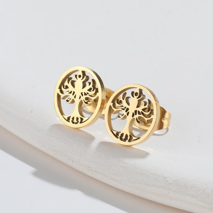 Tree of Life and Maple Leaf Stainless Steel Stud Earrings - Vintage-Inspired Jewelry