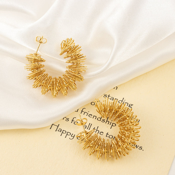 Retro sunflower spring earrings, simple twisted titanium steel 18K gold-plated earrings