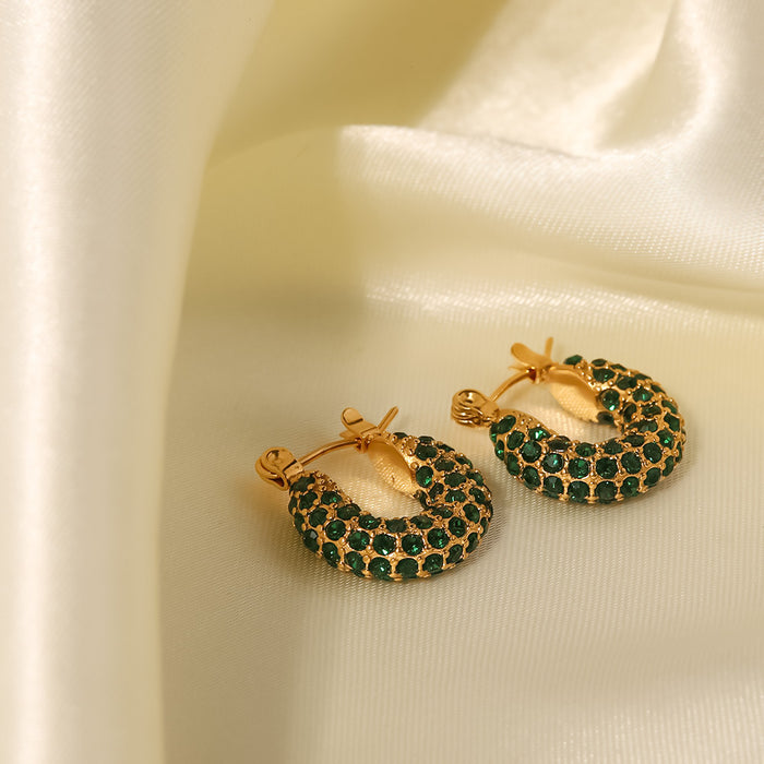 French Style New Fashionable Hoop Earrings - 18K Gold Plated Stainless Steel Green/White Square Zircon Jewelry