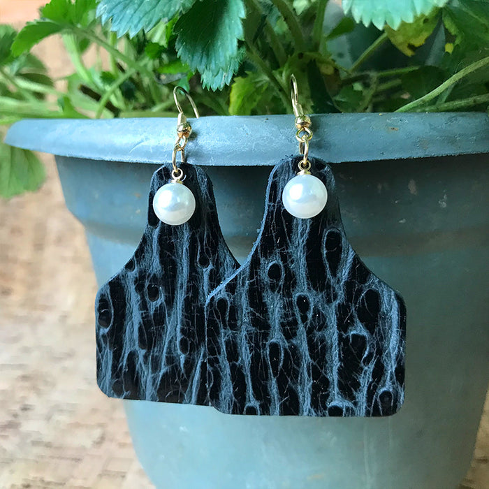 Vintage Floral Print Cowhide Earrings with Bottle Pendant and Faux Pearl