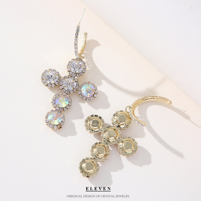 Exaggerated Cross Hoop Earrings - Colorful Rhinestone Jewelry for Women
