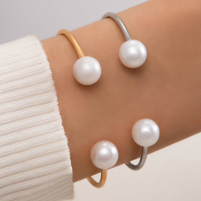 Retro Pearl Open Bangle Set - Two-Piece Gold and Silver Bracelet Jewelry for Women