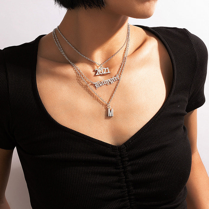 2021 Digital Alloy Three-Layer Necklace with Letter Silver Multi-Layer Clavicle Chain