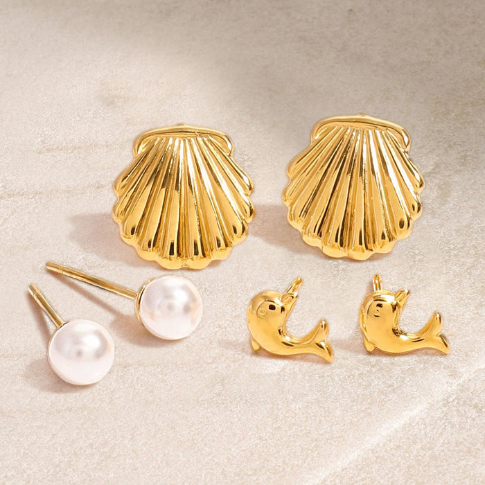 Stainless steel pearl earrings dolphin shell earrings