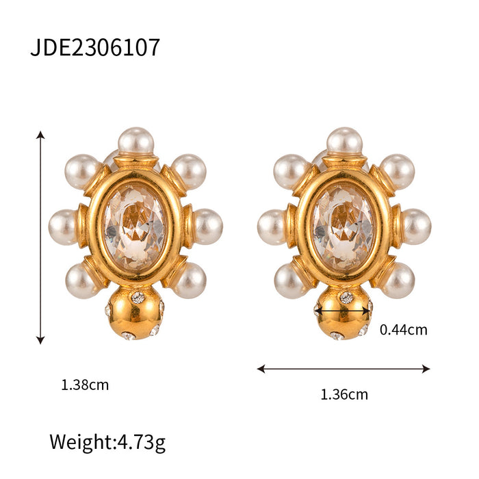 Pendientes de acero inoxidable chapado en oro de 18 quilates con circonitas y perlas: joyas geométricas para mujer