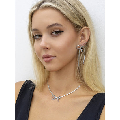 Style Butterfly Series Stainless Steel Earrings - Simple and Elegant Bow Tassel Titanium Steel Necklace and Ring