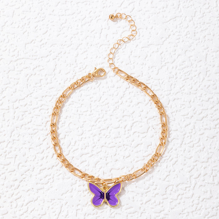 Purple Butterfly Enamel Anklet with Geometric Animal Chain Design