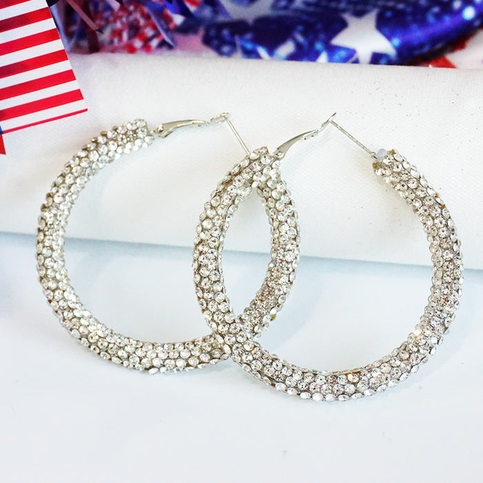 Independence Day Hoop Earrings with Sparkling Rhinestones in Patriotic Colors