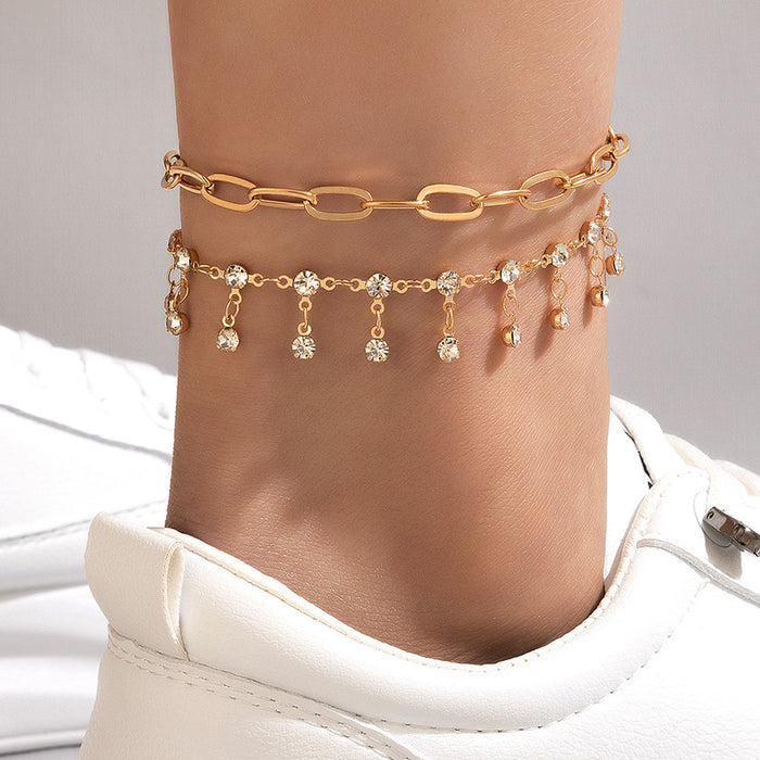 Crystal Tassel Double-Layer Anklet with Geometric Chain Design