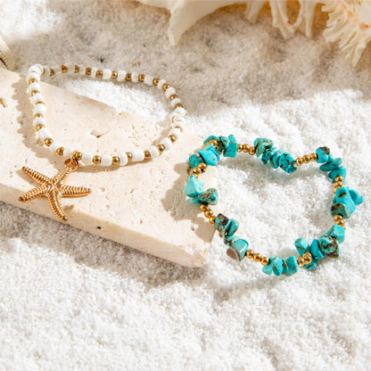 Bohemian Starfish Turquoise Bracelet Set - Beach Style Four-Piece Beaded Jewelry