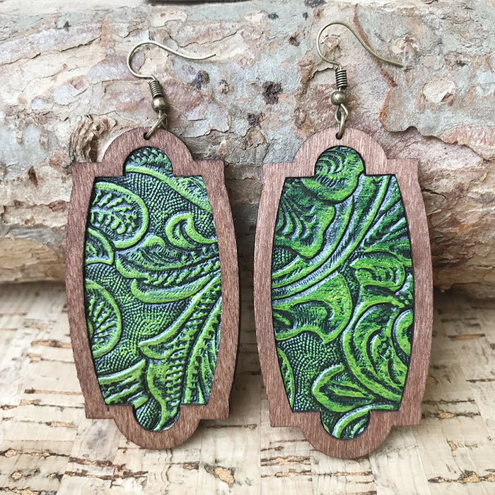 Wooden green leaf earrings