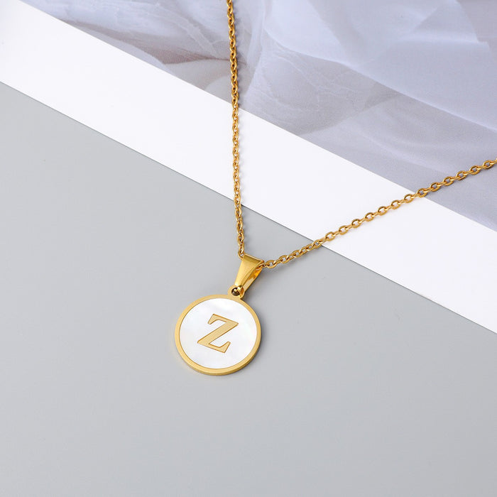 Round shell letter necklace, 18K stainless steel clavicle chain wholesale