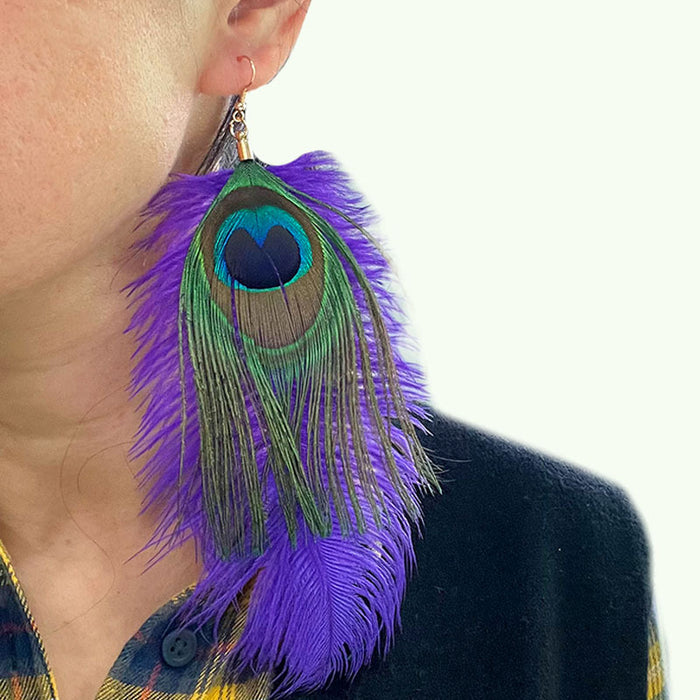 Festival Feather Earrings with Purple, Yellow, and Green Peacock Feathers