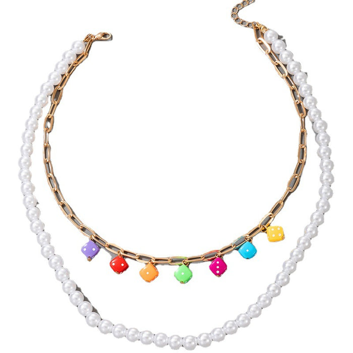 Colorful Resin Dice Multi-Layer Necklace with Chain Pearl Bead Two-Layer Clavicle Chain