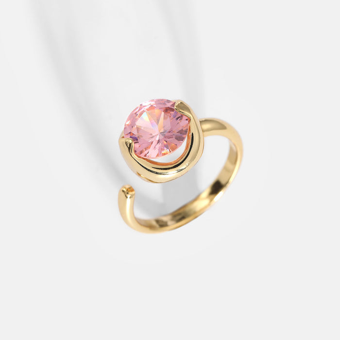 Trending 18K Real Gold Plated Open Ring with Small Charm - Brass Jewelry with Pink and White Zircon for Women