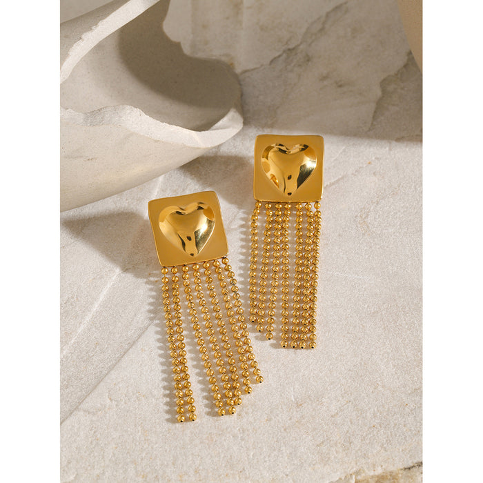 18K Gold Stainless Steel Square Earrings with Heart Pendant and Tassels - Asymmetric Design