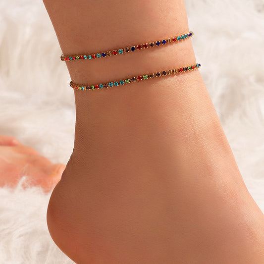 Colorful Rhinestone Double Layer Anklet with Simple Geometric Design