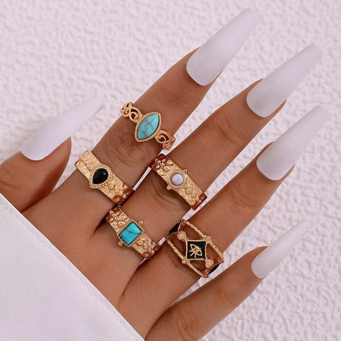 Bohemian Turquoise Gemstone Ring Set - 5pcs Geometric Versatile Rings