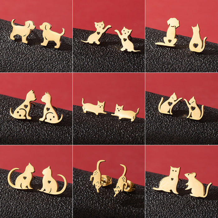 Pendientes asimétricos de acero inoxidable con forma de gato y perro: joyas de animales adorables y divertidas