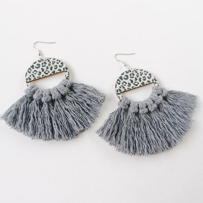 Bohemian Handwoven Tassel Fan-Shaped Earrings with Morandi Color and Leopard Print