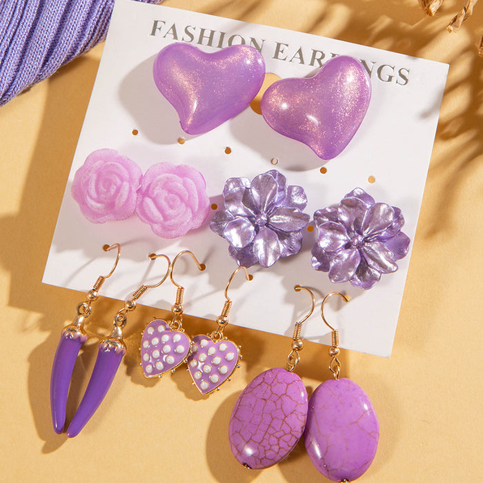 Pendientes de flores de corazón morado y conjunto de pendientes de camelia fresca