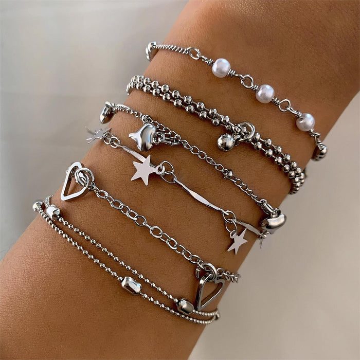 New Simple Round Bead Heart Layered Bracelet Set - Ins Cold-Tone Heart Lock Pearl Jewelry