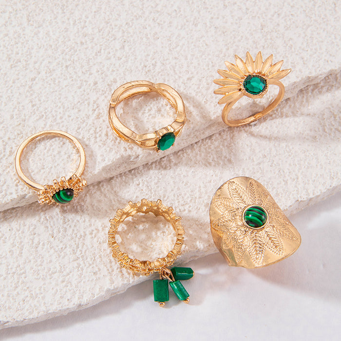 Vintage Exaggerated Gemstone Sunflower Ring Set - 5pcs Geometric Tassel Rings