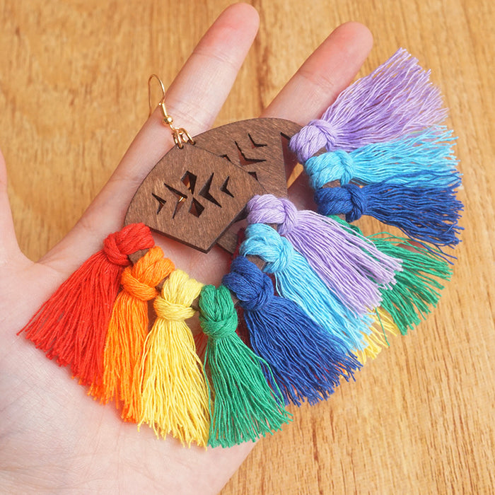 Handwoven Wooden Rainbow Tassel Earrings in a Baroque Style with Colorful Large Pendants