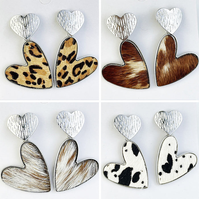 Metal Double Heart Earrings with Cow Print and Leopard Print Leather Design