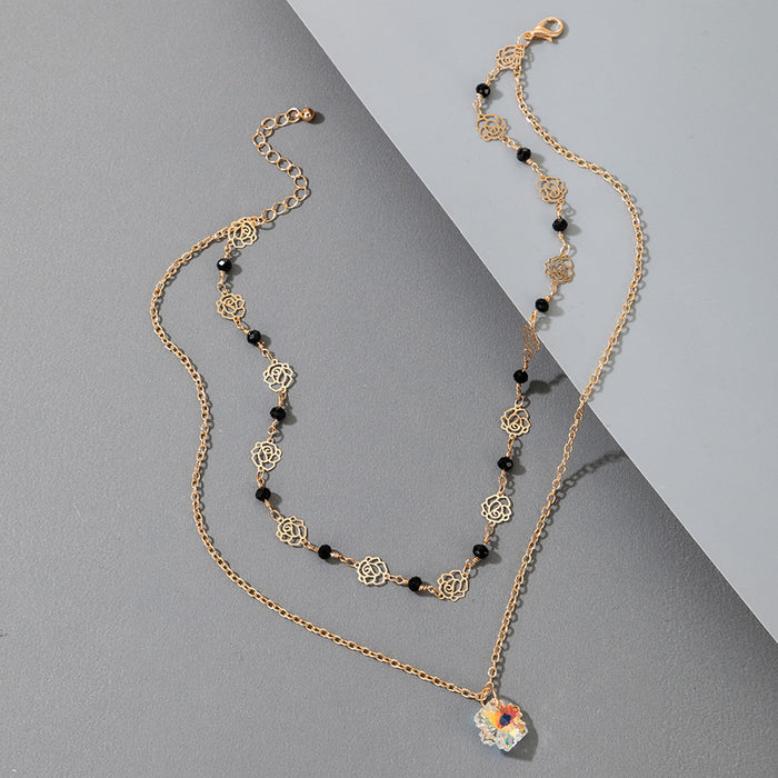 Resin Floral Double Layer Necklace with Hollow Rose Pendant and Beaded Chains