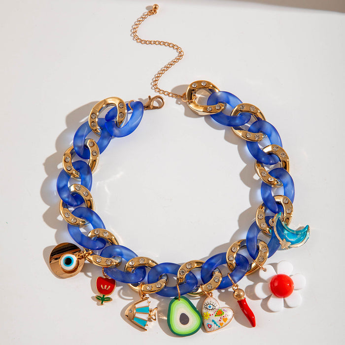 Colorful Heart and Evil Eye Acrylic Choker Necklace with Chunky Chain