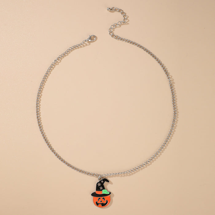 Halloween Ghost and Pumpkin Pendant Necklace - Festive Single-Layer Chain