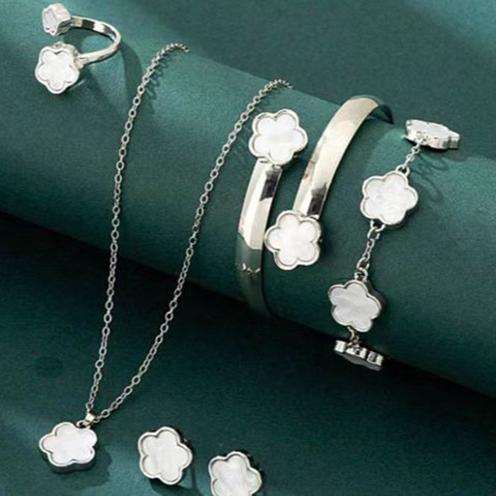 Wholesale 5-piece set of five-petal flower necklace, bracelet, bangle, earrings, and ring - wallojewerly 