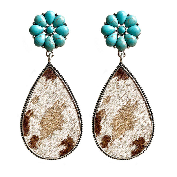 Western Animal Print Leather Earrings with Bohemian Style and Turquoise Pumpkin Flower Design