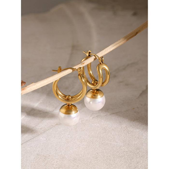 18K Gold Stainless Steel Round Pearl Pendant Earrings - Fashionable Titanium Steel Jewelry