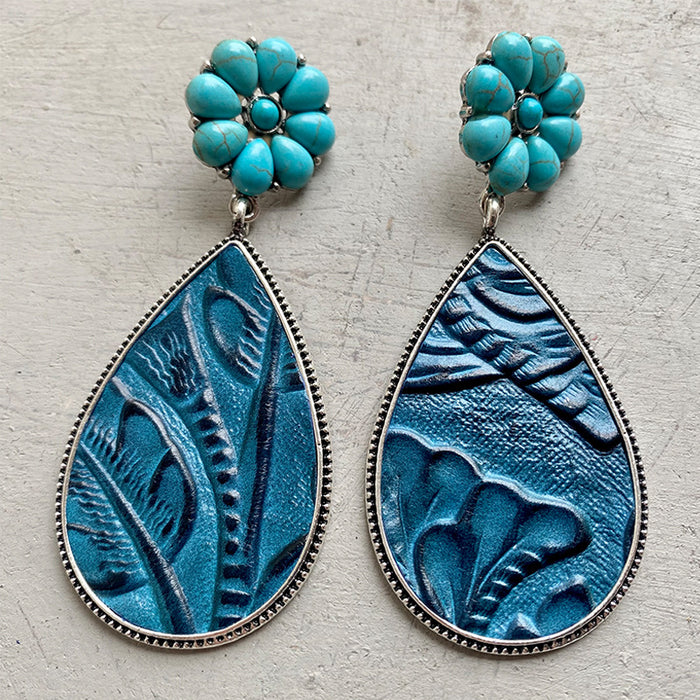 Western Embossed Leather Earrings with Bohemian Floral Turquoise and Pumpkin Flower Design