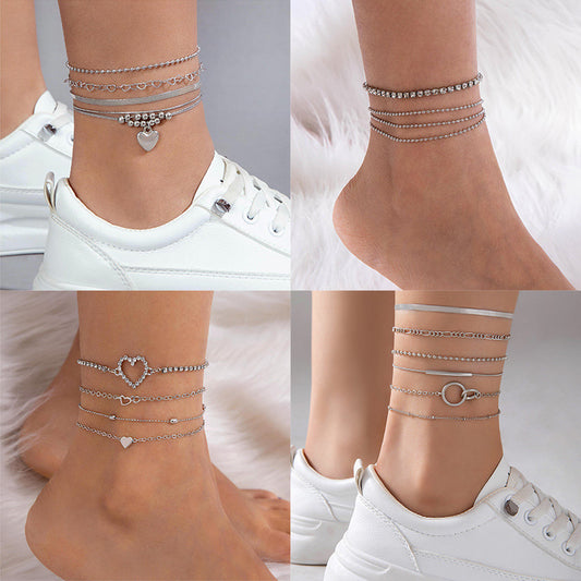 Boho Chic Rhinestone Heart Anklet Set – Multi-Layered with Dainty Chains