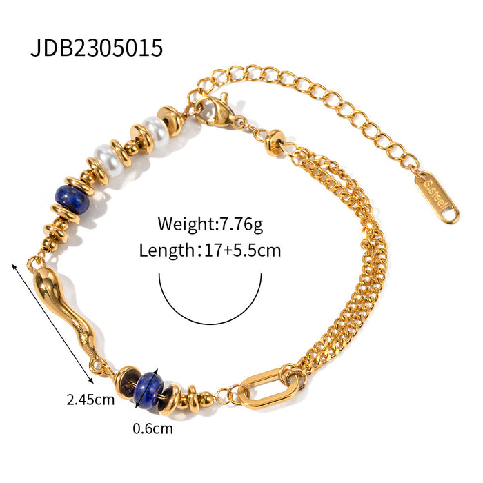 18K Gold Plated Stainless Steel Pearl and Lapis Lazuli Teardrop Bracelet - Trendy Fashion Jewelry