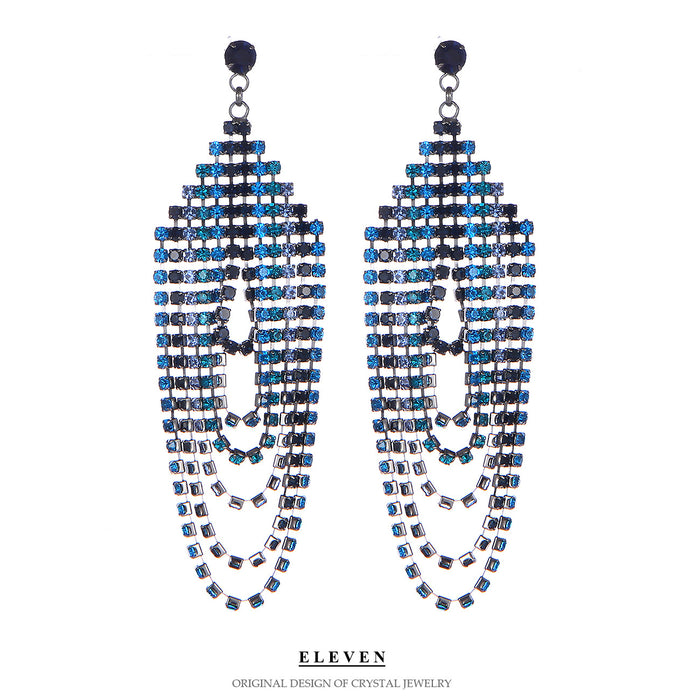 Deep Blue Chain Tassel Earrings - Exaggerated Long Dangles for a Bold Look