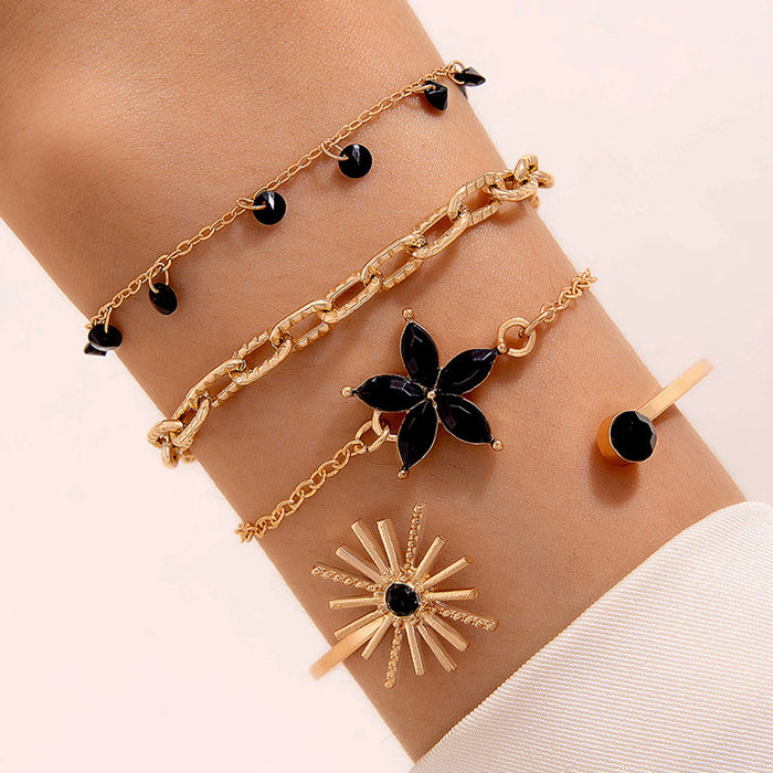 Crystal Flower and Leaf Bracelet Set - Multi-Layer Luxury Jewelry