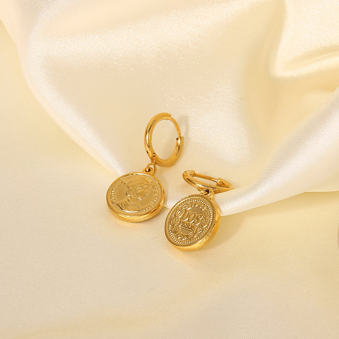 18K Gold Plated Stainless Steel Earrings - Queen Elizabeth Coin Pendant Jewelry