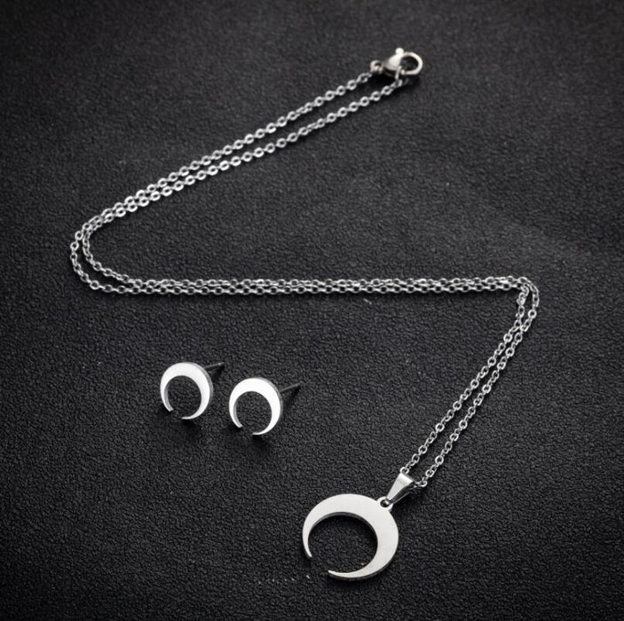 Moon Crescent Stainless Steel Jewelry Set - Geometric Simple Necklace and Earrings