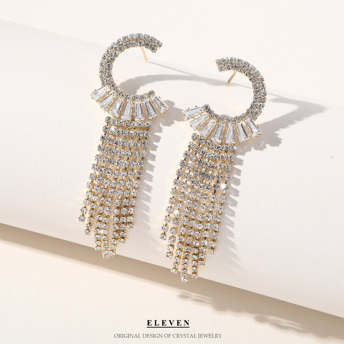 Korean C-Letter Zircon Earrings - Full Rhinestone Tassel Dangles for a Sophisticated Look