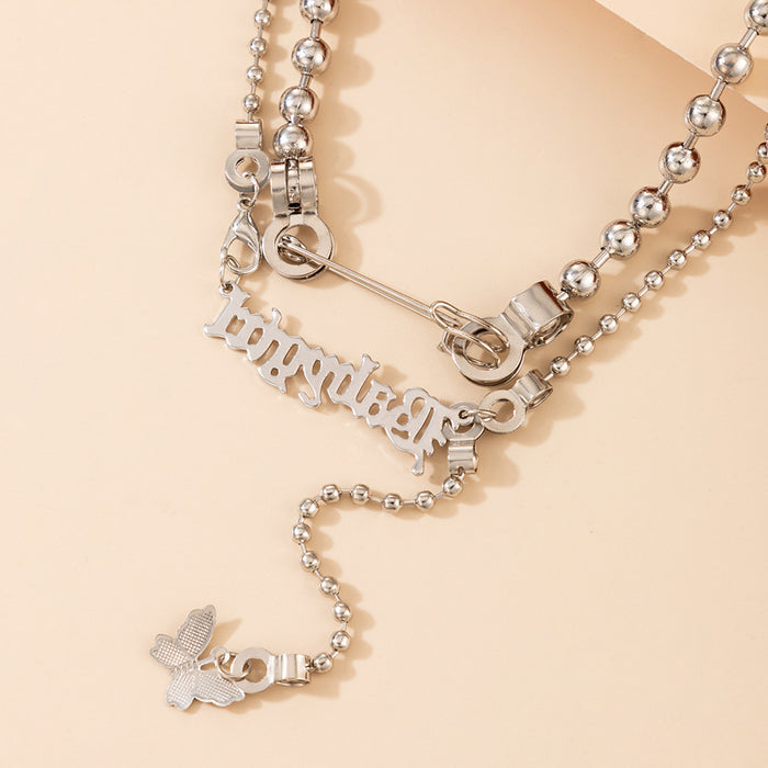 Butterfly and Letter Double Layer Necklace with Hip-Hop Style Safety Pin Design