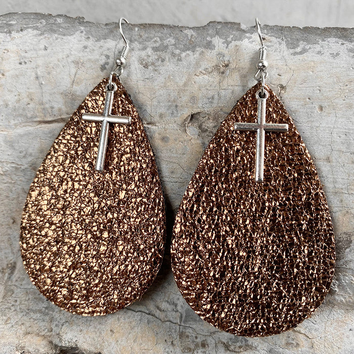 Textured Leather Earrings with Cross, Cactus, and Cow Tag Design