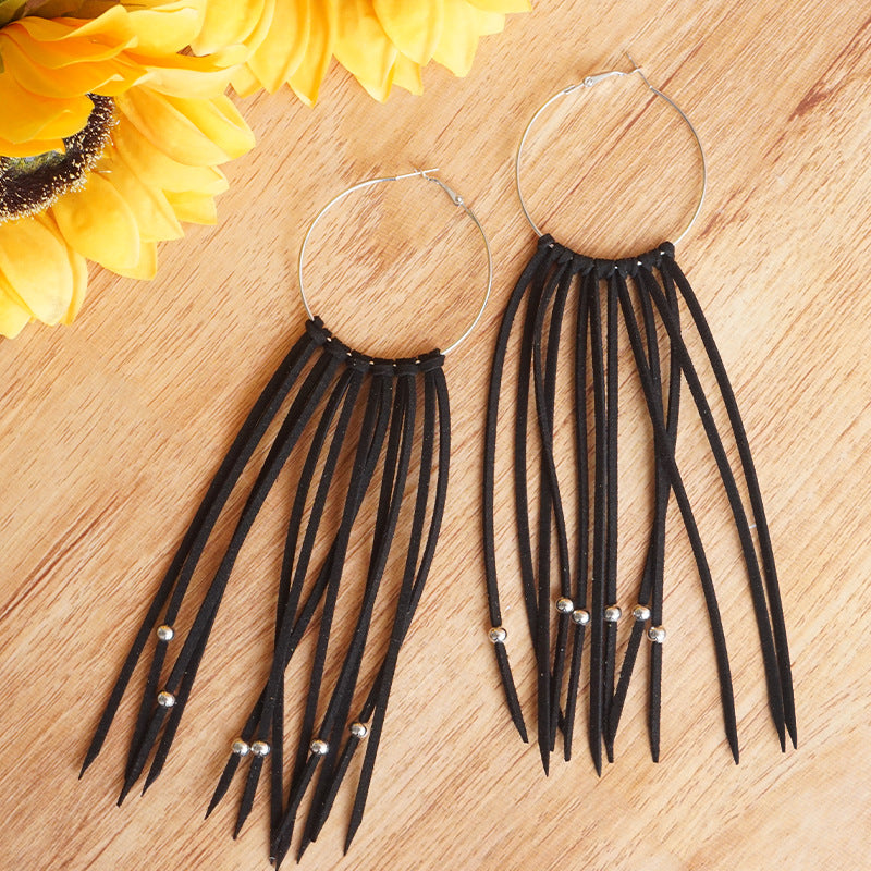 Handcrafted Bohemian Leather Tassel Earrings with High-End Vacation Style