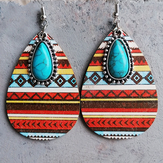 Turquoise Pendant Earrings with Aztec Western Bohemian Style