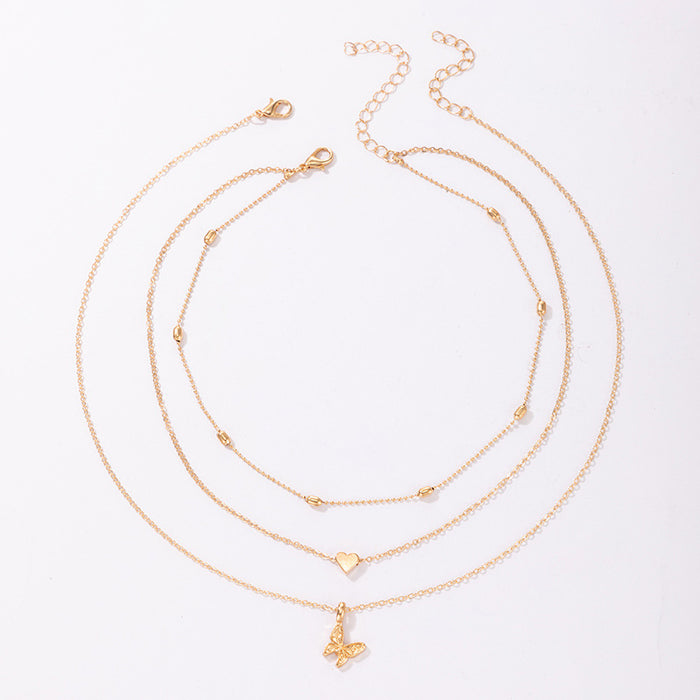 Butterfly Heart Triple Layer Necklace with Geometric Irregular Multi-Layer Design